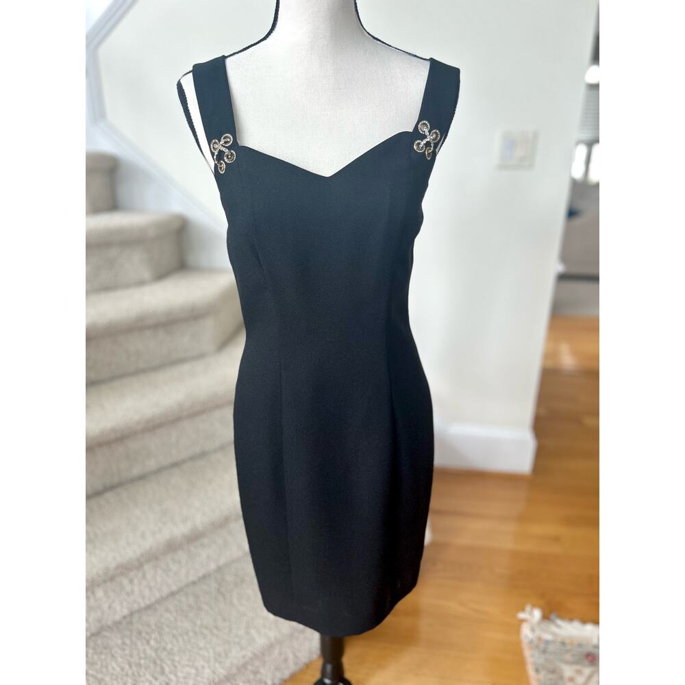 Vintage Jessica Howard Black Mini Dress Rhinestone Chain Link Strap